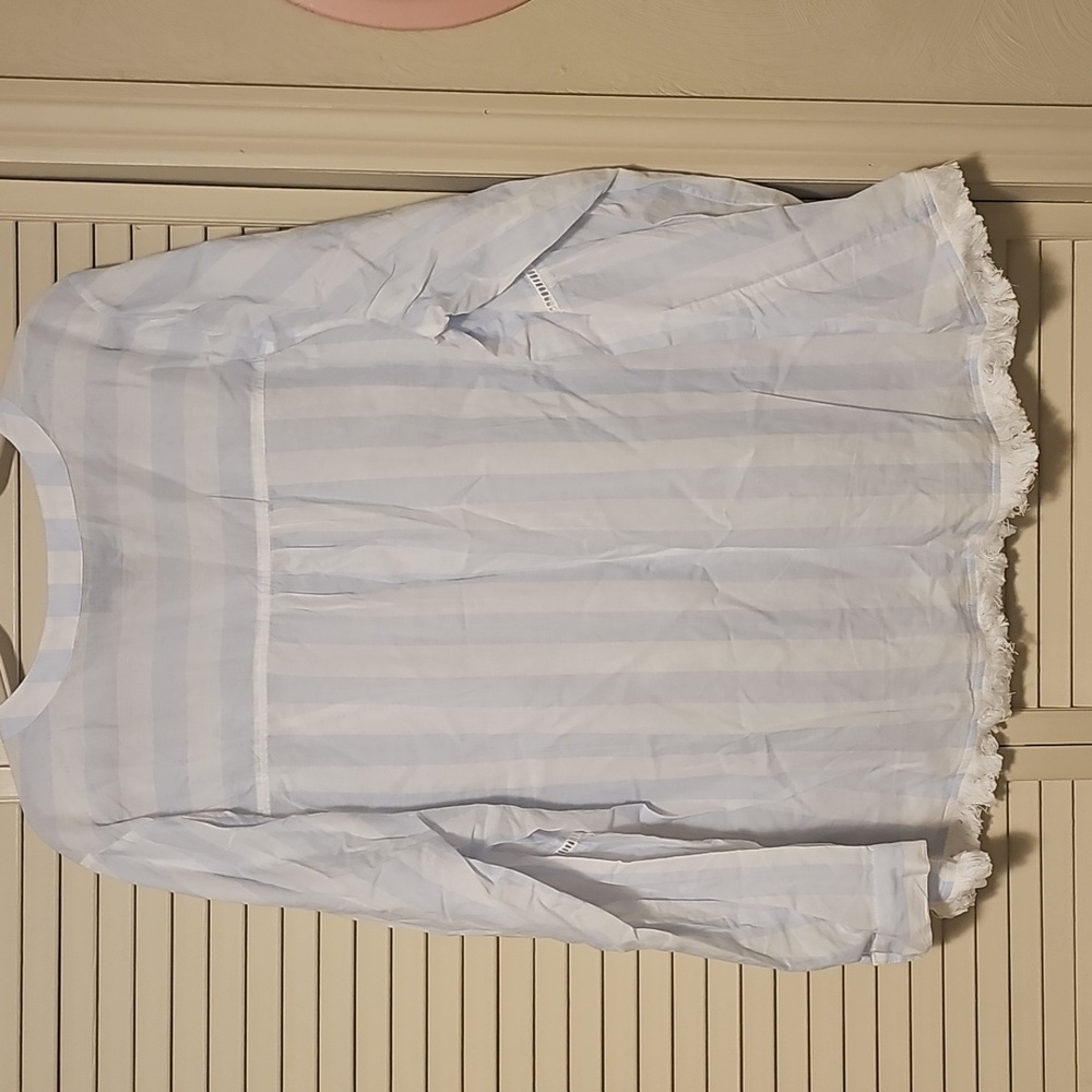 Lane Bryant Blue White Striped Boho Fringe Button-Down Shirt Size 20 - Picture 4 of 9